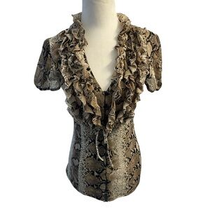 INC International Concepts Snake Print Ruffled Blouse Size Small Brown Feminine
